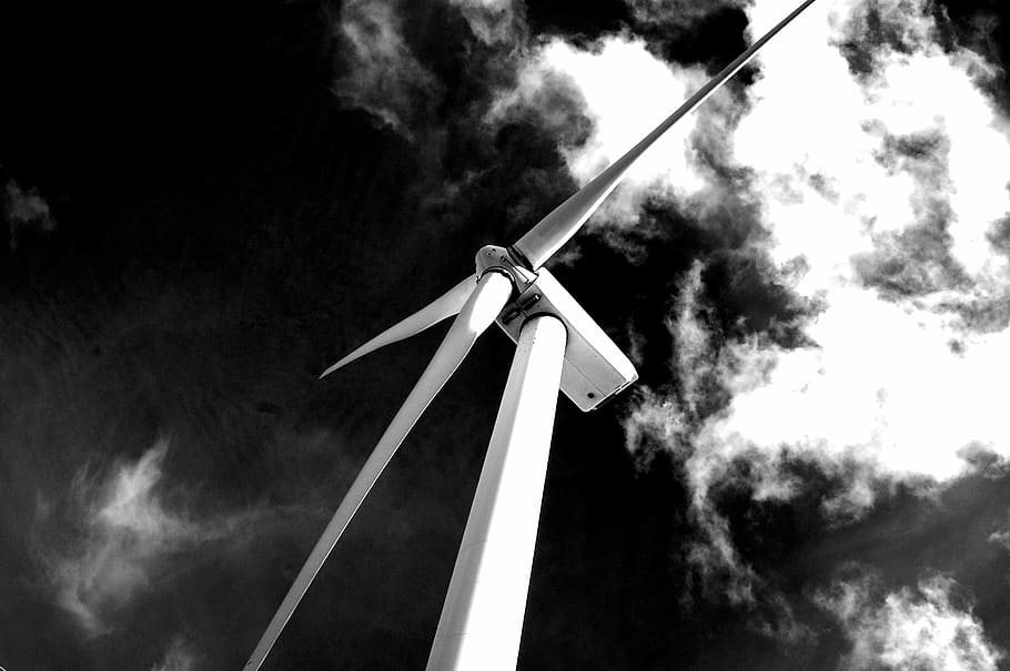 grayscale photography of windmill, white windmill under cloudy sky HD wallpaper