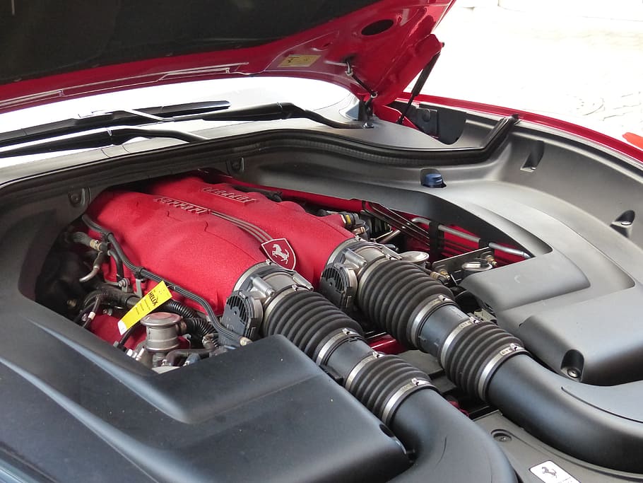 red and black Ferrari engine in close-up photography, auto HD wallpaper