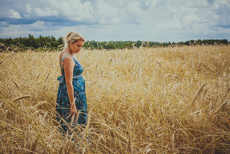 woman standing on grass field wearing blue maxi dress, girl, summer, HD wallpaper