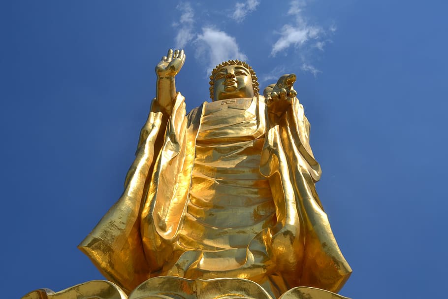 gold Buddah statue, urumqi, red mountain, buddha statues, china, HD wallpaper