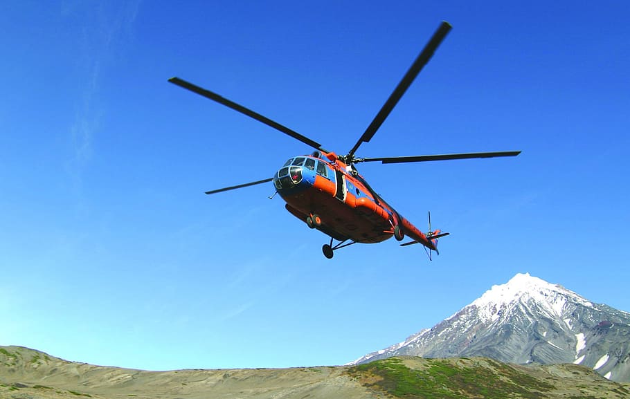 helicopter, sky, aviation, mountain, flying, air vehicle, nature HD wallpaper