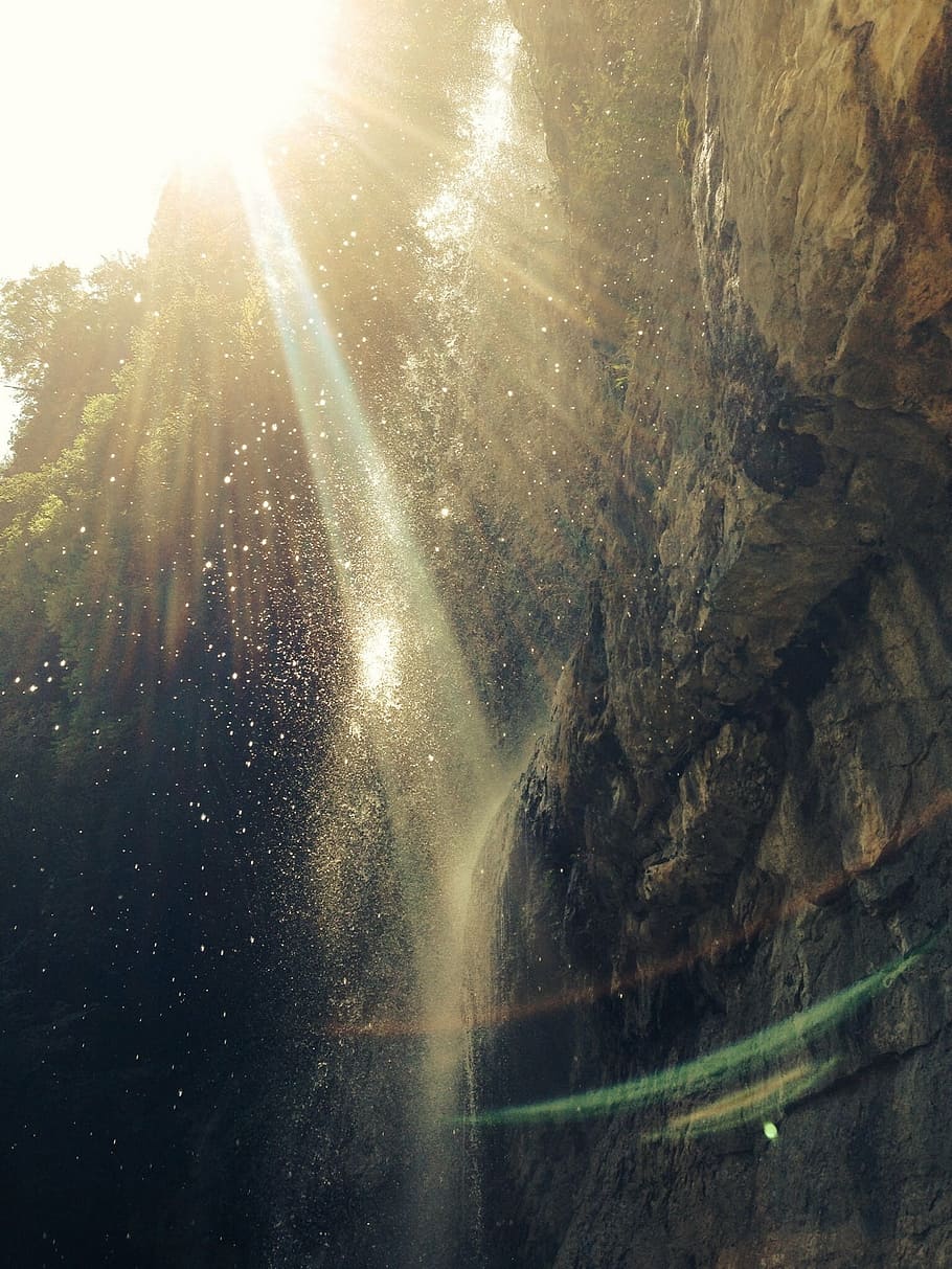 sun raise through trees, waterfall, backlit, rock, wall, stream HD wallpaper