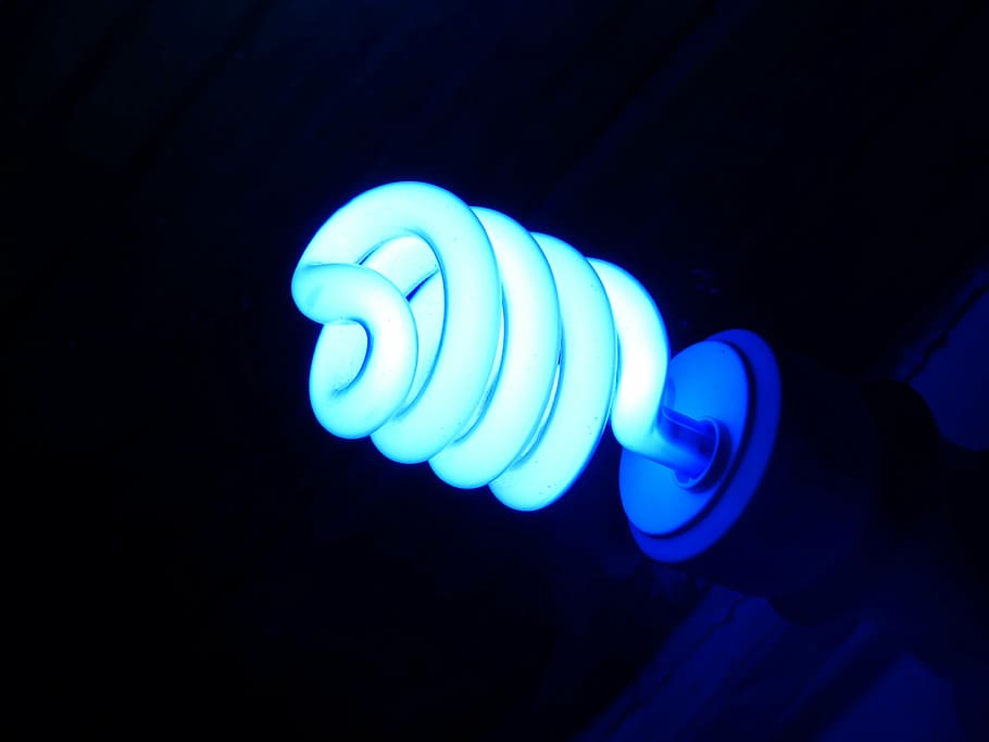 CFL bulb, light, blue, focus, lighting, electricity, lamp, lights, HD wallpaper