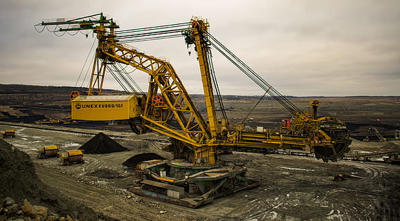 yellow crane, machine, excavator, coal mining, industry, mines HD wallpaper