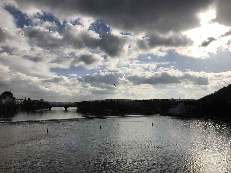 cloud, sky, sunshine, the clouds, blue sky, landscape, river HD wallpaper