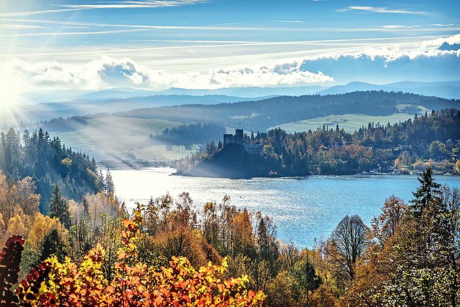 mountain near on the body of water, autumn, blue sky, bright HD wallpaper