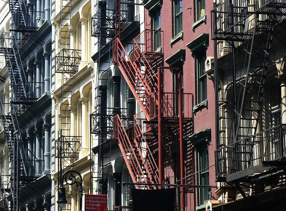 new york, city, architecture, building, facade, fire escape
