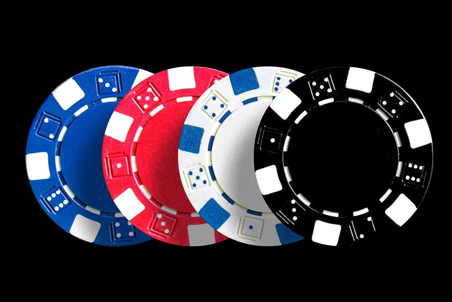 four black, white, red, and blue poker chips, play, gambling, HD wallpaper