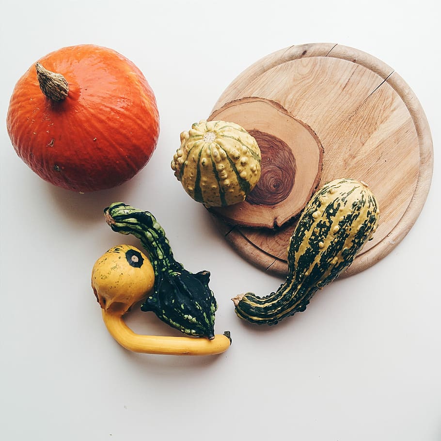 Decorative pumpkins, top view, white background, food, vegetable HD wallpaper