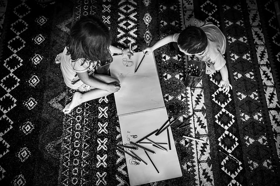grayscale photography of two children holding color pens, kids HD wallpaper