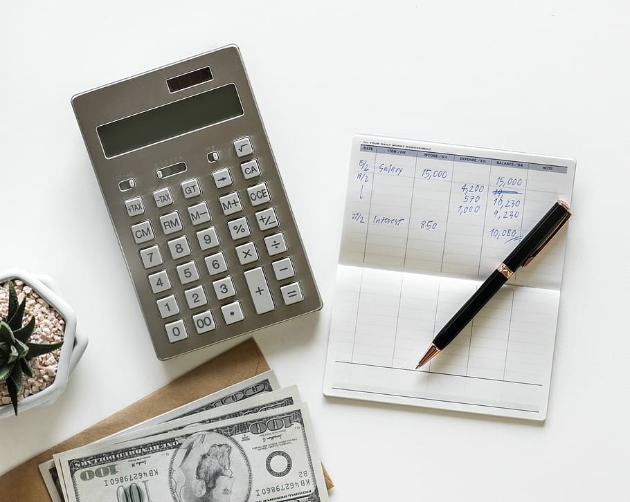 gray calculator beside pen, paper, business, composition, number, HD wallpaper