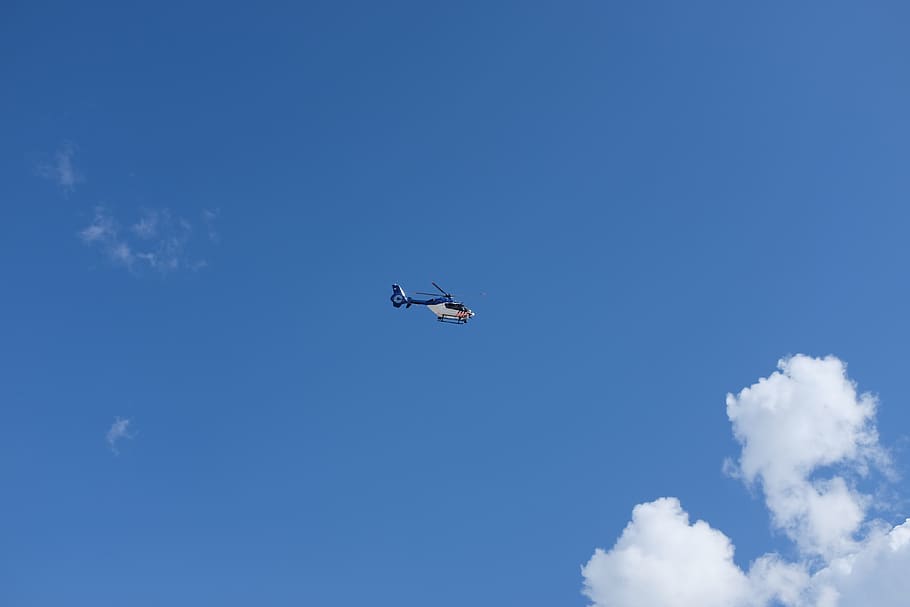 sky, clouds, helicopter, landscape, blue, flying, low angle view HD wallpaper