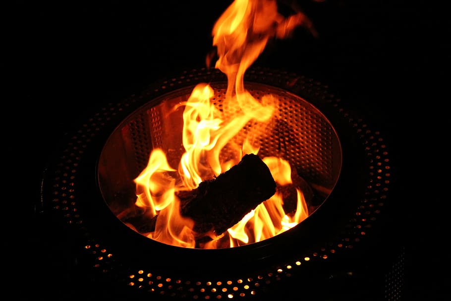 fire, fire basket, night, burn, flame, wood, blood, hot, heat HD wallpaper