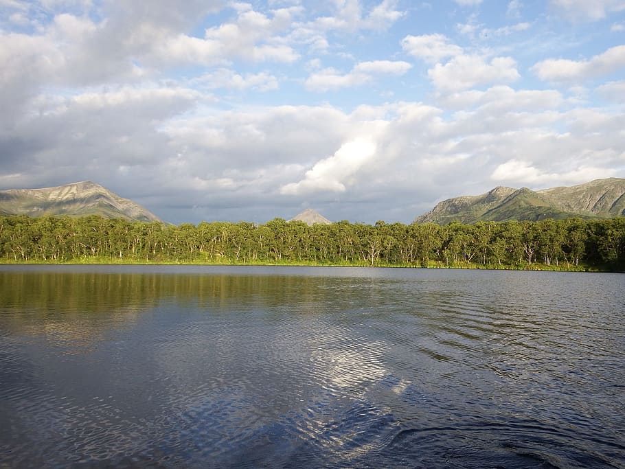lake, mountains, forest, reflection, clouds, sky, beach, evening HD wallpaper