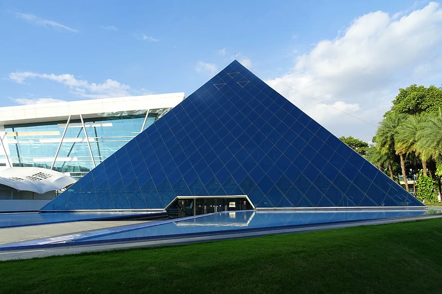 blue pyramid glass building during daytime, architecture, modern HD wallpaper