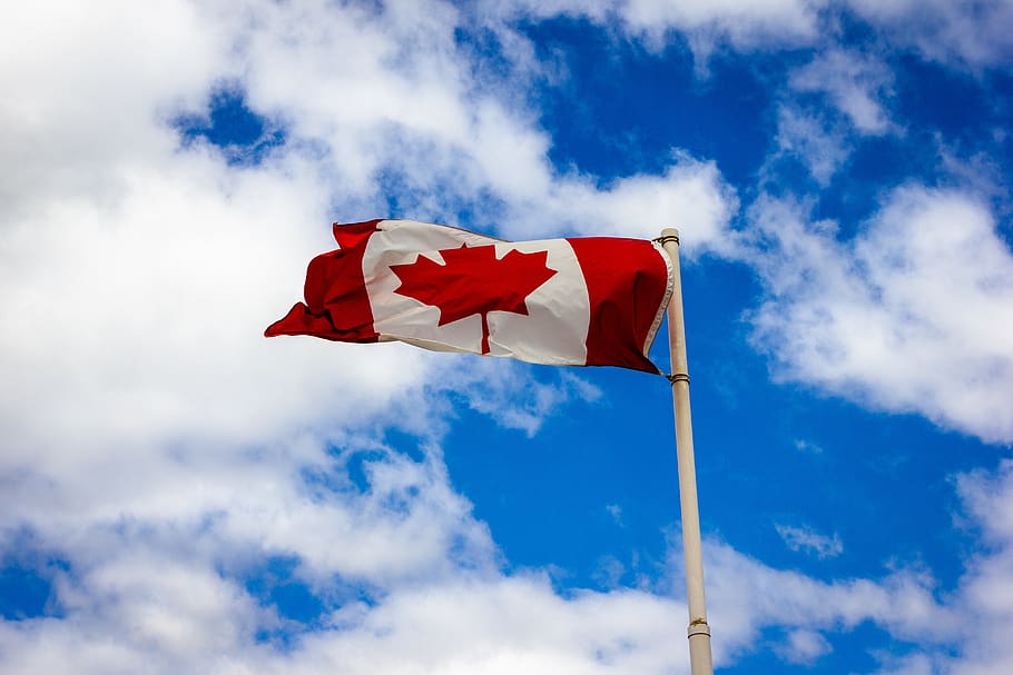 flag, canada, sky, symbol, clouds, flag post, cloud - sky, low angle view