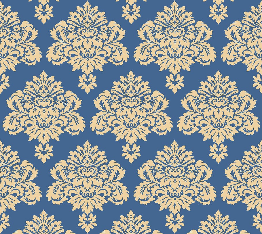 blue and white textile, damask, flower, pattern, backgrounds, HD wallpaper