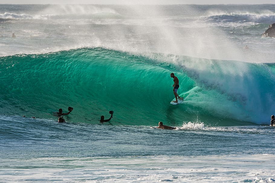 people surfing on waves, group of people surfing in the body of water HD wallpaper