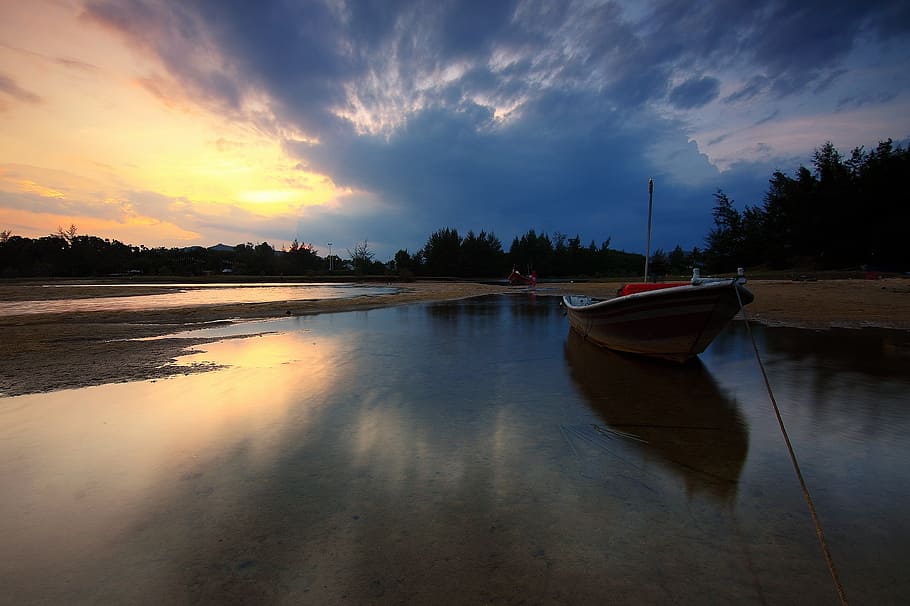 white boat on sea, sunset, landscape, evening, outdoors, sky HD wallpaper