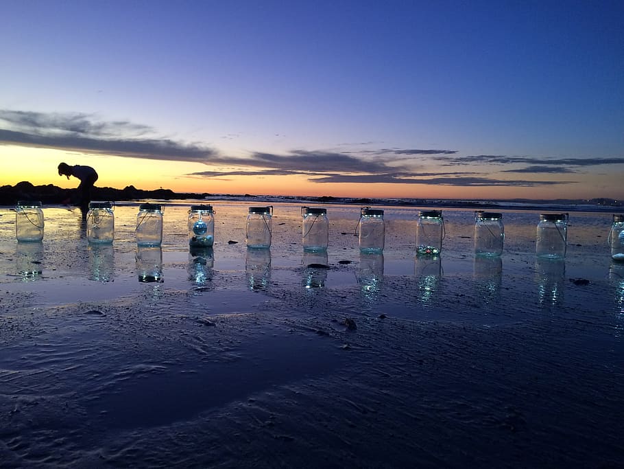Sunset, Lanterns, Beach, reflection, dusk, nature, sky, water HD wallpaper