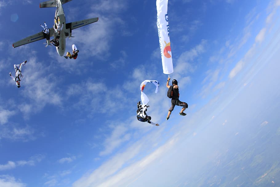 sky, skydiving, parachutes, jumping, mid-air, low angle view HD wallpaper