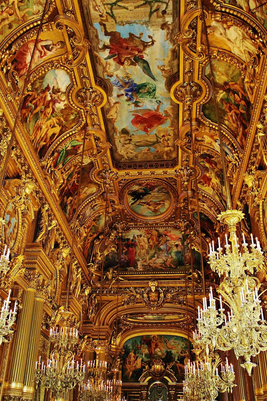 opera, garnier, theatre, paris, france, ceiling, walkway, old, HD wallpaper