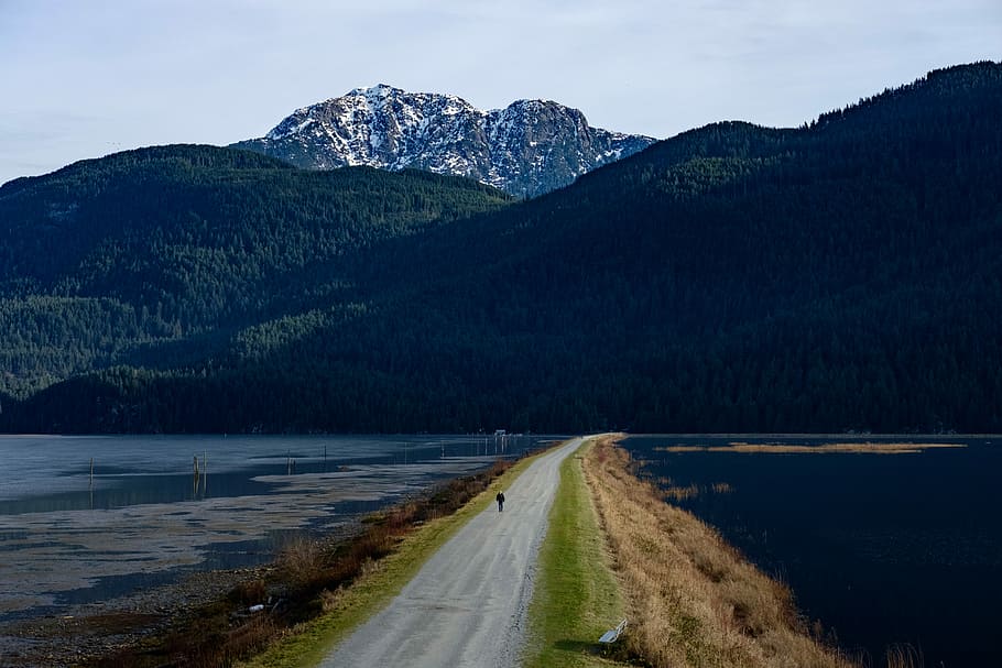 person walking on footpath between body of water in front of mountain at daytime HD wallpaper