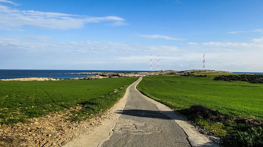 cyprus, cavo greko, road, fields, antennas, sky, grass, the way forward HD wallpaper