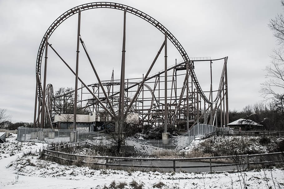 Abandoned, Track, Theme Park, Decay, snow, winter, outdoors HD wallpaper