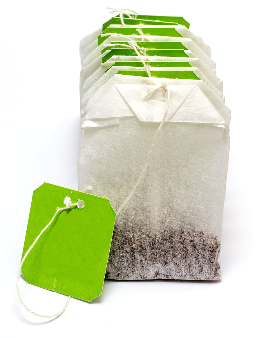 white and green tea bag, teabag, label, drink, natural, green color HD wallpaper