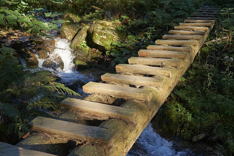 waterfalls with brown wooden bridge, vrútky, ferrata, creek, HD wallpaper