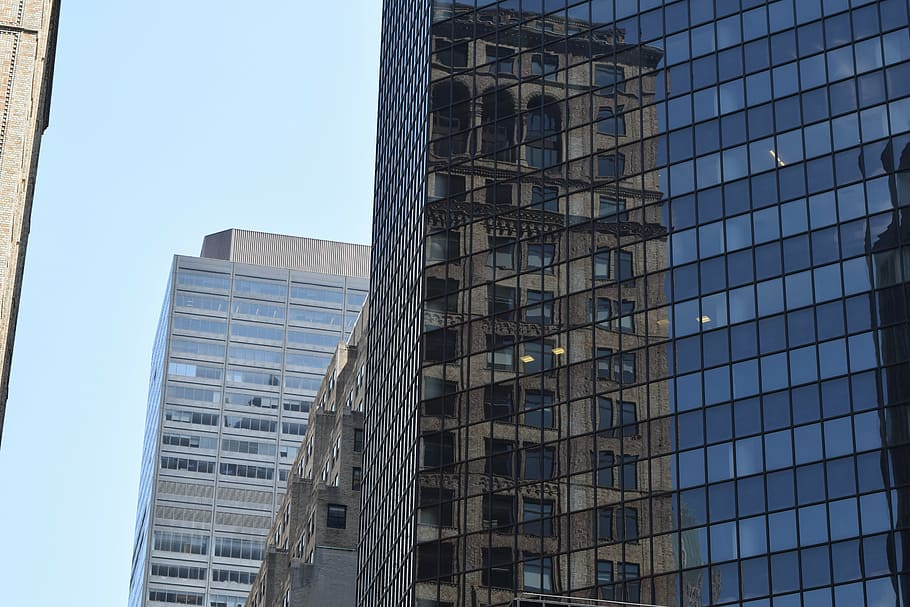 building, downtown, offices, reflection, old building, new building HD wallpaper