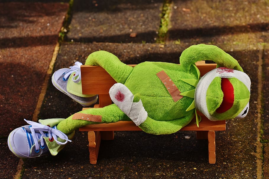 Kermit The Frog laying on bench, first aid, injured, association