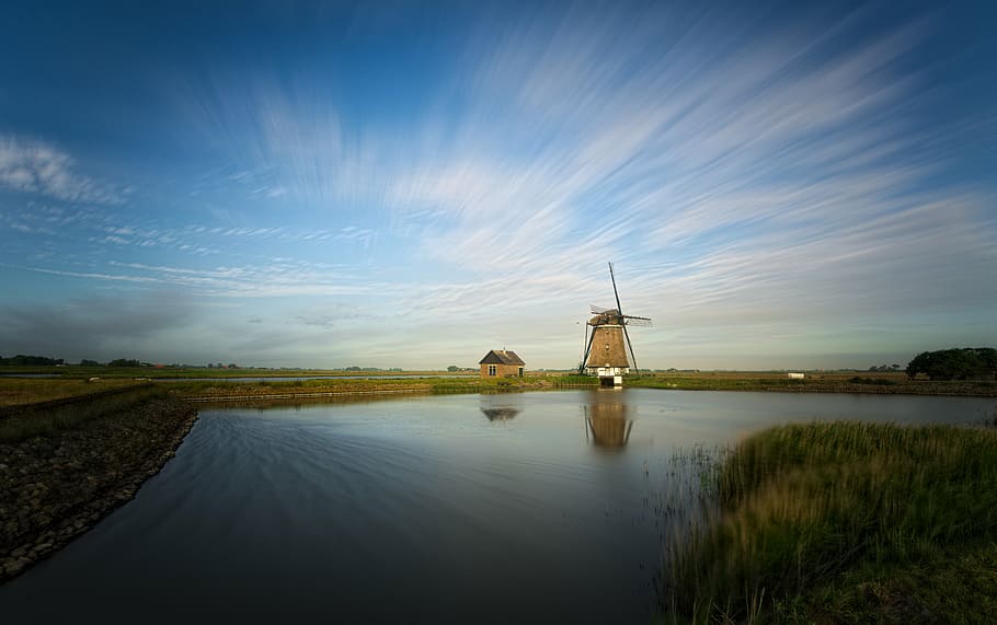 long exposure, clouds, sky, architecture, light, mill, windmill HD wallpaper