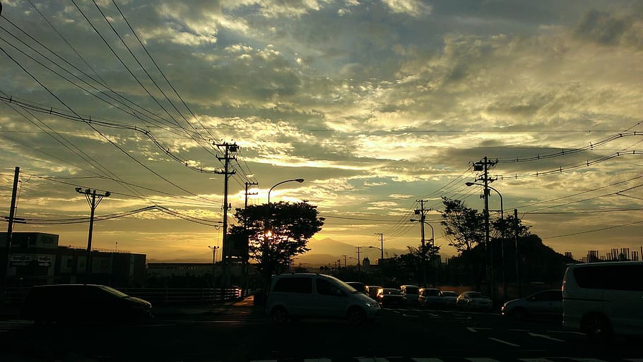 evening, sunset, cloud, parking lot, carl, street, urban, at dusk HD wallpaper