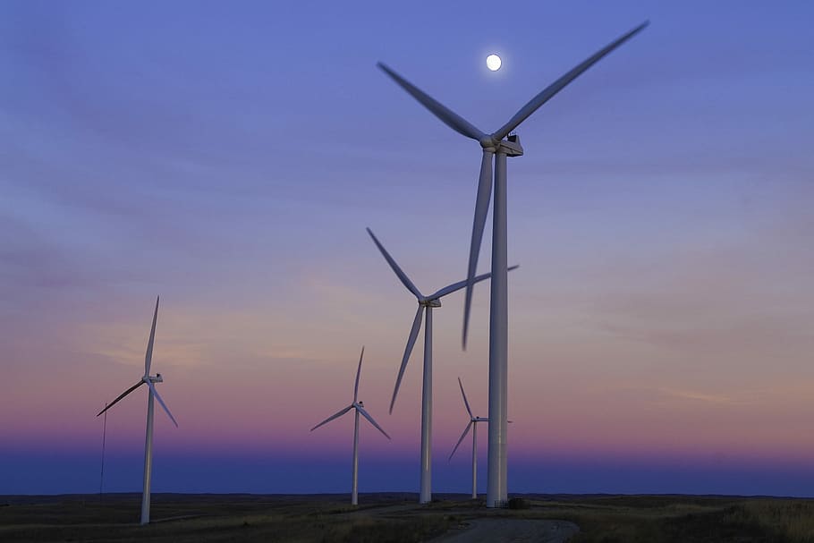 five windmills in front of ocean, white metal wind turbines under blue cloudy sky photo HD wallpaper
