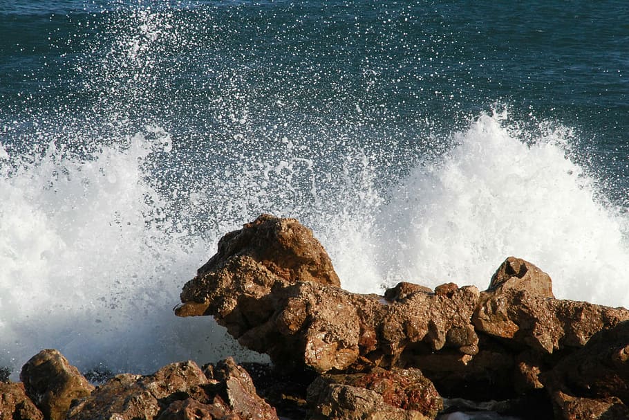 Splash, Sea, Rock, rock - object, nature, no people, water HD wallpaper