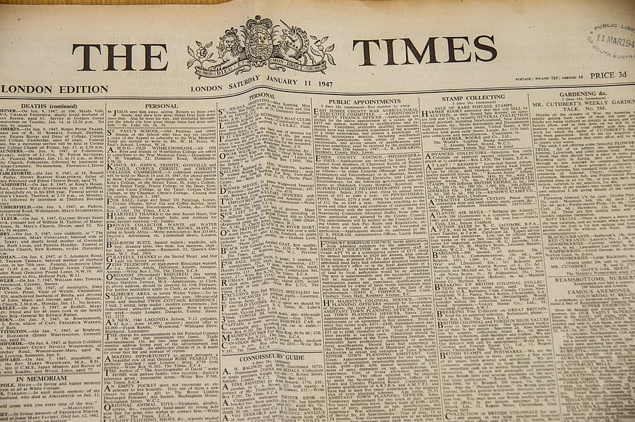 The Times news paper, newspaper, historic, print, text, front