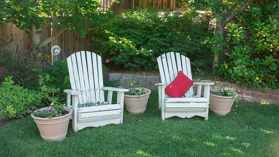 white wooden patio armchairs on green lawn grass during daytime, HD wallpaper