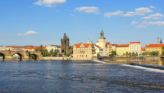 river, tower, blue, city, roof, tile, town, sky, sun, old, red HD wallpaper