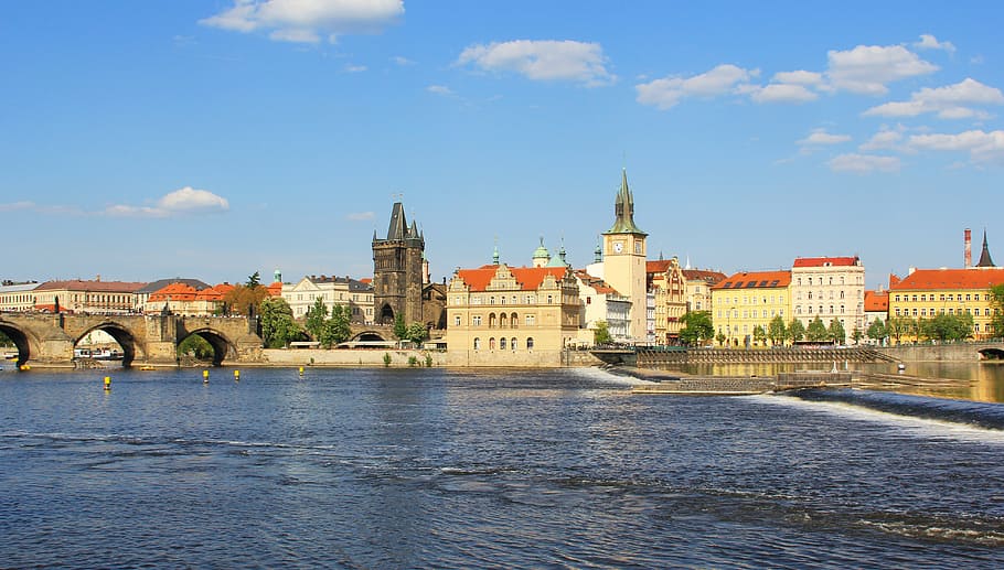 river, tower, blue, city, roof, tile, town, sky, sun, old, red HD wallpaper