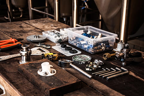 assorted tool lot, tools, parts, work bench, equipment, workshop HD wallpaper