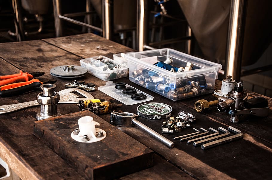 assorted tool lot, tools, parts, work bench, equipment, workshop HD wallpaper