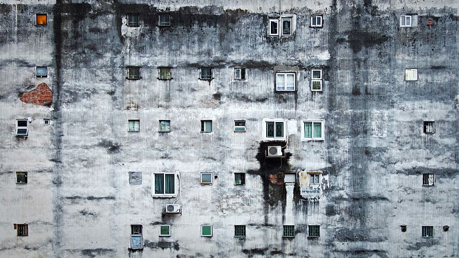 gray concrete building photography, gray concrete apartment, window HD wallpaper