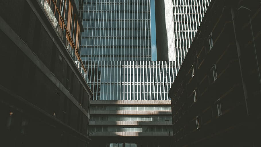 gray concrete building at daytime, low angle photo of high rise buildings HD wallpaper