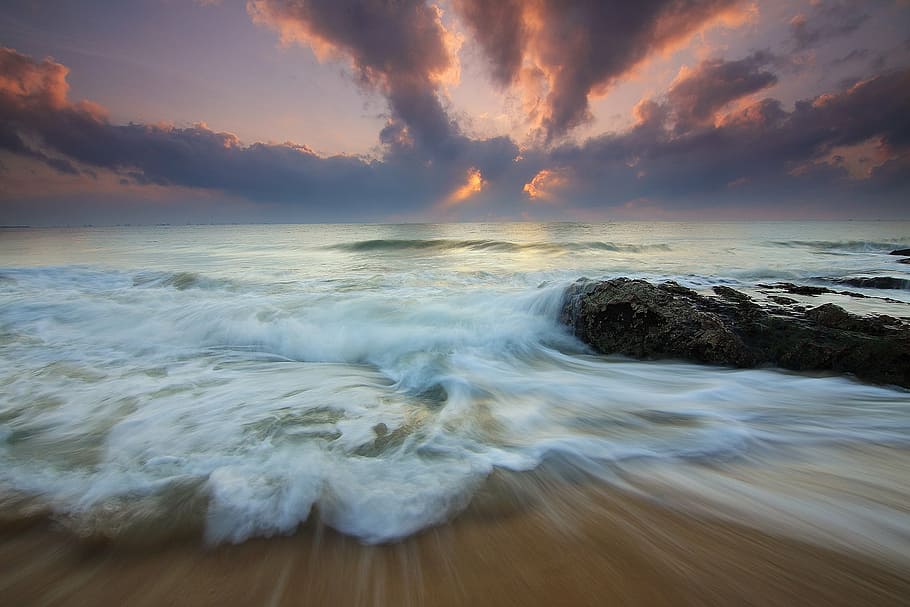 timelapse photo of shoreline during golden hour, motion, cloud HD wallpaper