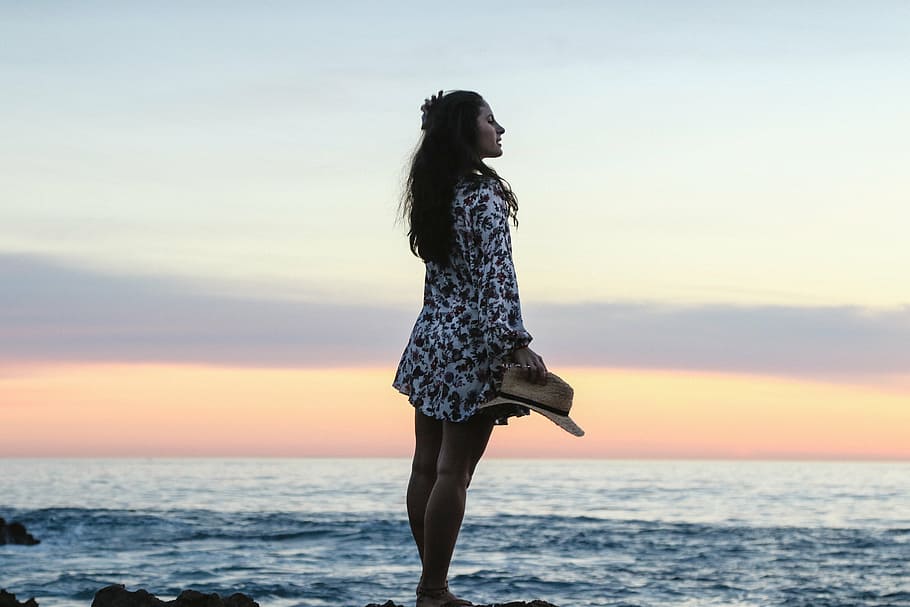 woman standing on rock floor, sea, ocean, water, waves, nature HD wallpaper