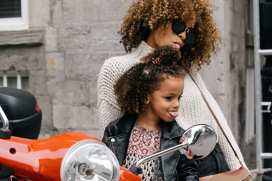 mother and girl riding motor scooter, tongues, expression, funny HD wallpaper