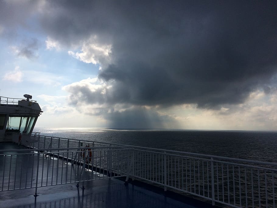 ferry, heavy clouds, rain, open sea, storm, sky, water, horizon over water HD wallpaper