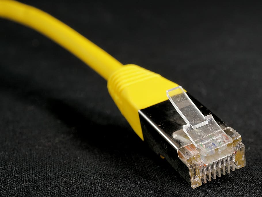 yellow lan cable, network, connection, wire, cork, data, technology, HD wallpaper